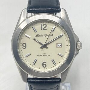 Eddie Bauer Watch Men 39mm Silver Tone Date Leather Cream Dial New Battery 9.25"